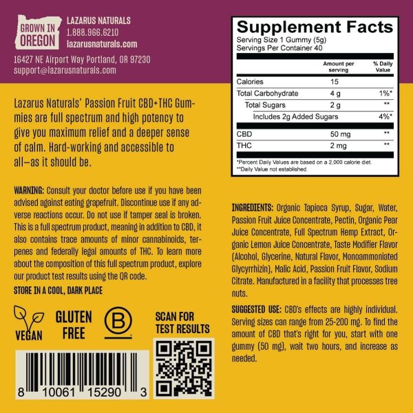 Lazarus Naturals, CBD + THC Gummies, Passion Fruit, Full Spectrum, 40ct, 80mg THC + 2000mg CBD - THC VAPES UK | Weed Vapes Online | Thc Vape Store